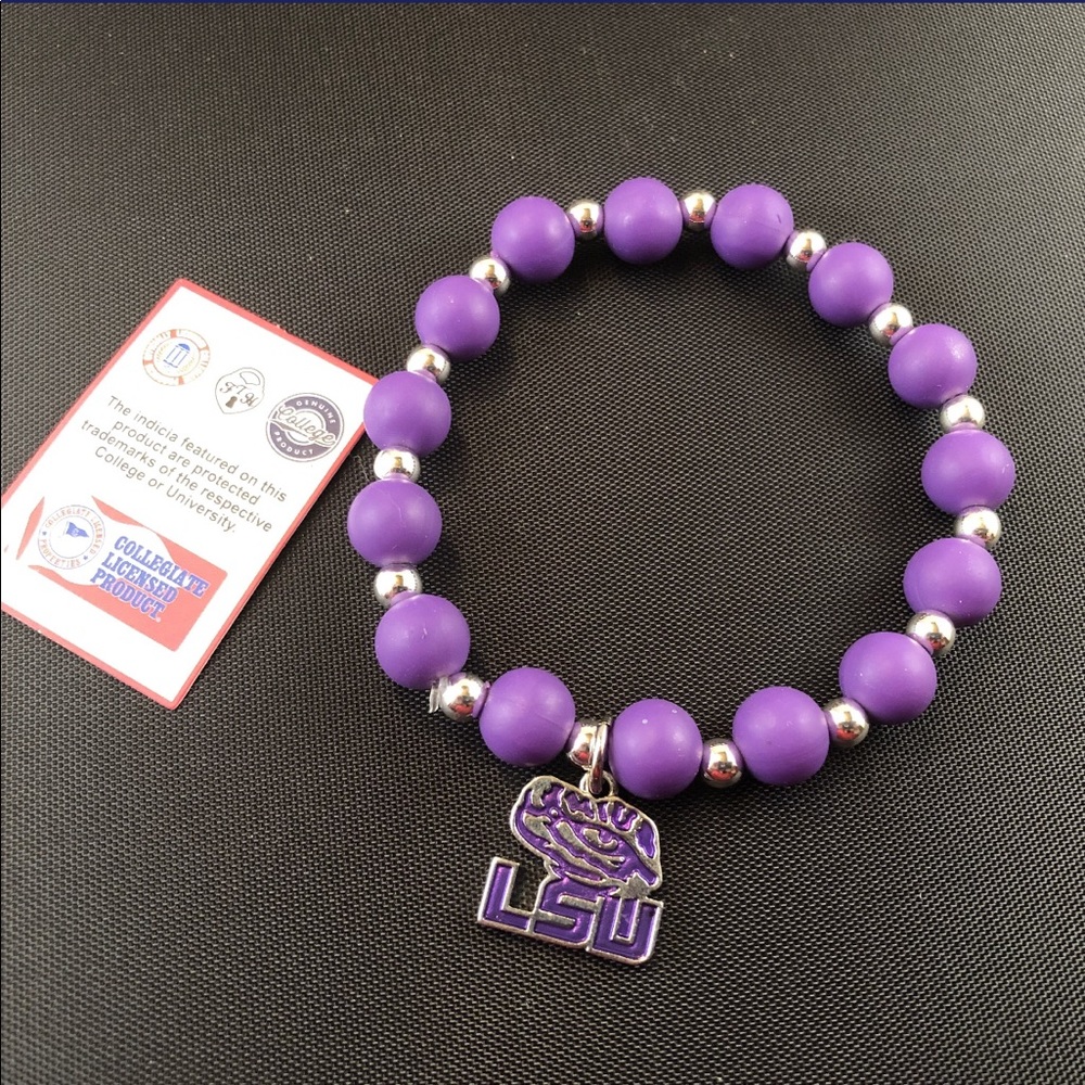 LSU, silver tone beaded stretch bracelet